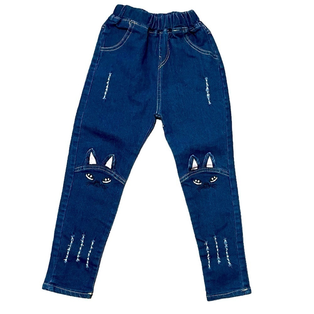 Girls Kids Elastic Waist Distressed Ripped Hole Jean Cat Ears Slim Denim Pants